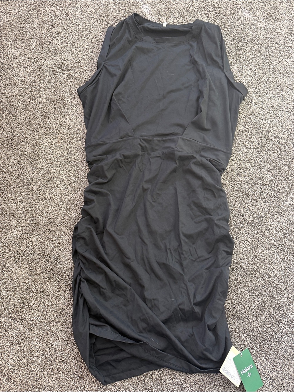 HALARA Black Sleeveless Midi Dress with Side Ruching Detail